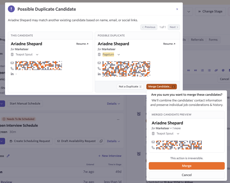 Screenshot of the merge preview screen showing a combined view of candidate information before confirming the merge.