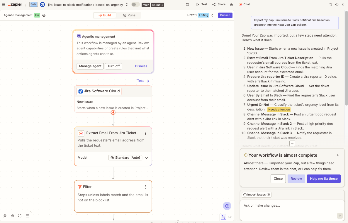 The Workflow Manager with an imported Zap open, and the AI assistant sidebar listing the imported steps, with one step marked Needs attention and a Your workflow is almost complete card