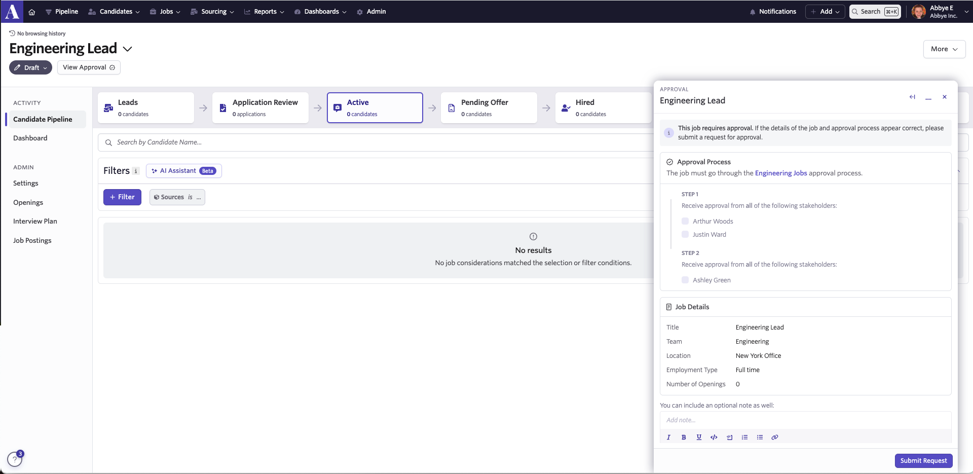Screenshot of the job approval flow details with the Submit Request button. Screenshot of the job approval flow details with the Submit Request button.