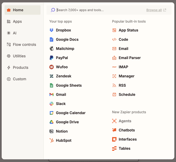 App and event selection dialog box