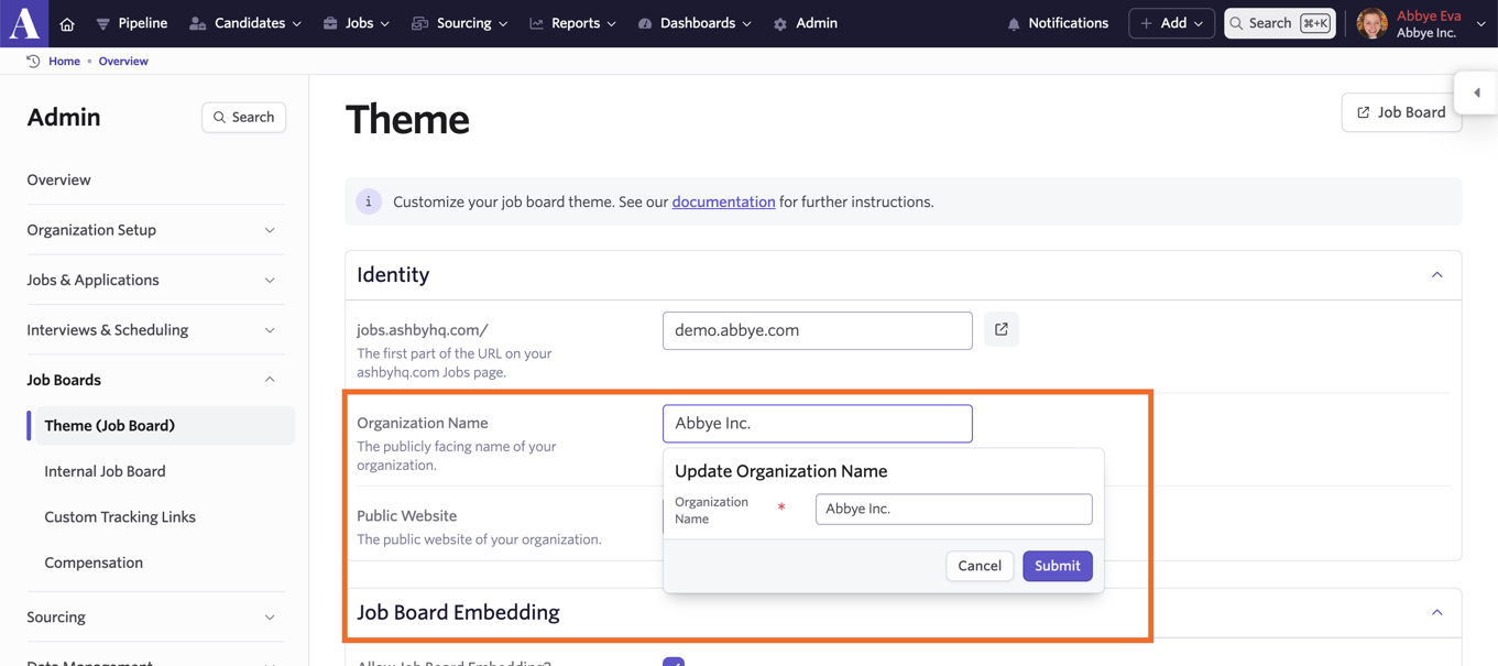 How do I change my company name in Ashby? Notion