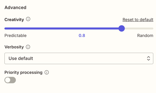 The Creativity slider in the AI Model menu