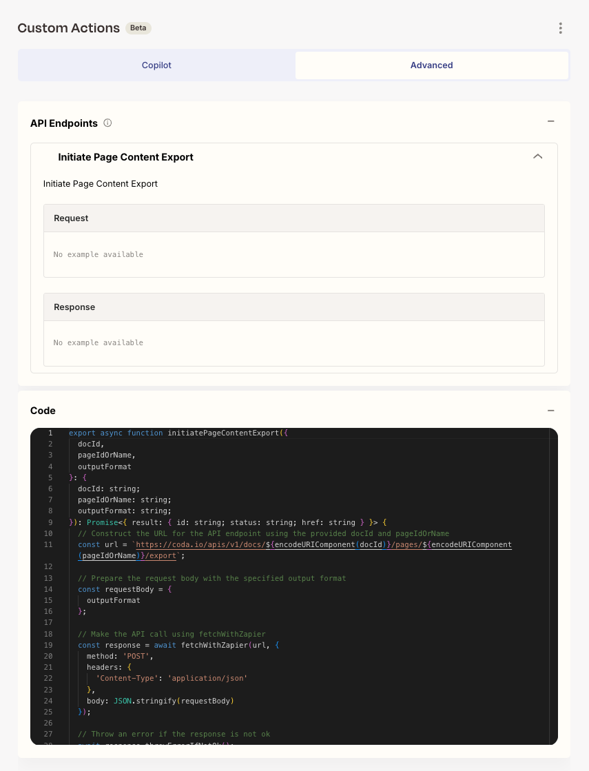 Screenshot of the Advanced tab in the Custom Action Builder, with the API Endpoints section above the Code section and its Typescript editor