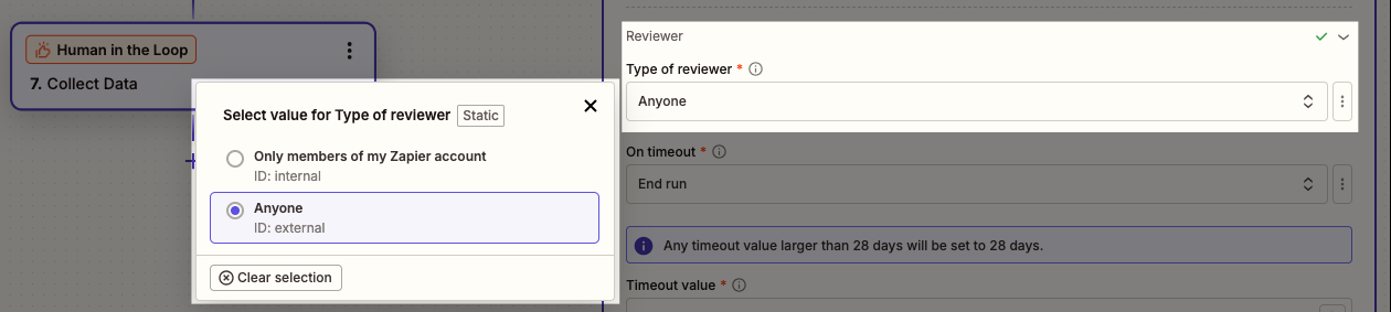 Selecting the type of reviewer wtih dropdown menu displaying 'Only members of my Zapier account' and 'Anyone' options