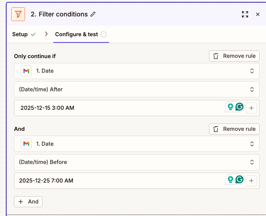 Example of date range filter between December 15 and December 25, 2025