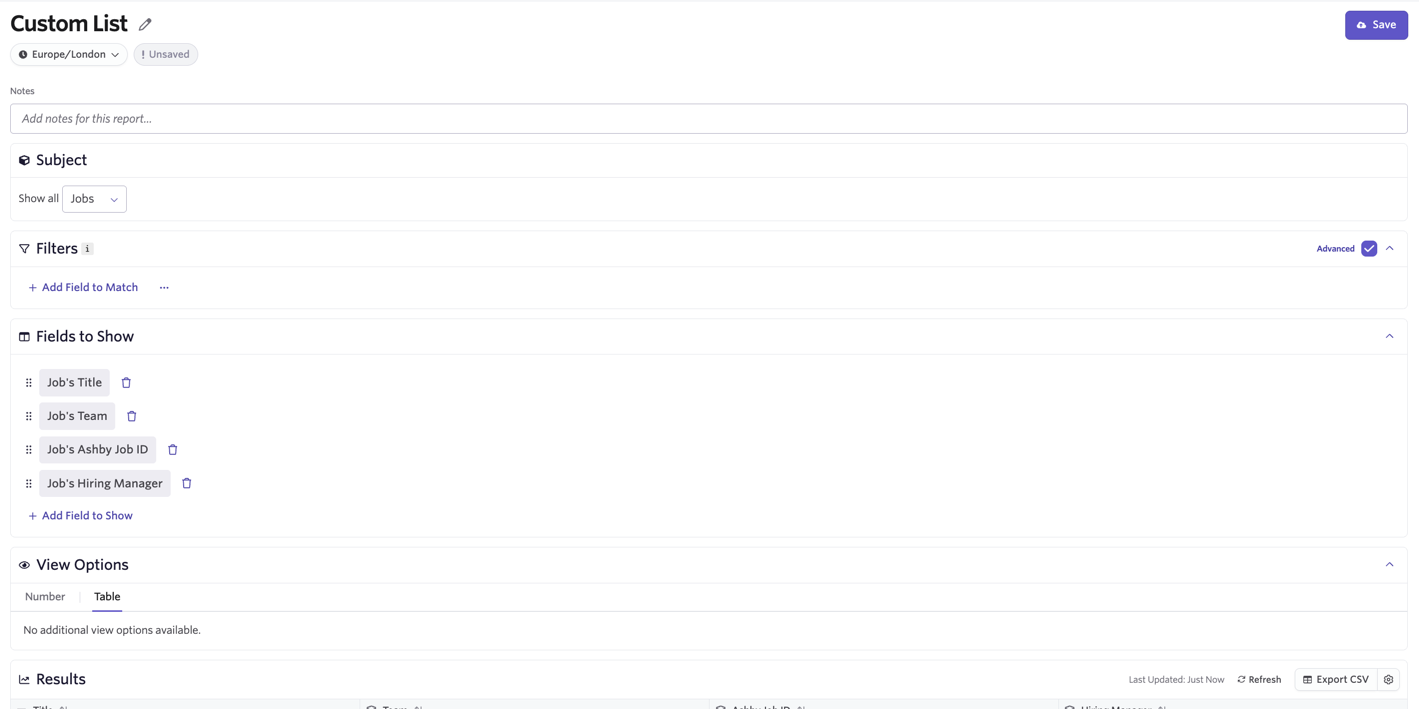 An example of a custom list report that you can use to export job data. An example of a custom list report that you can use to export job data.