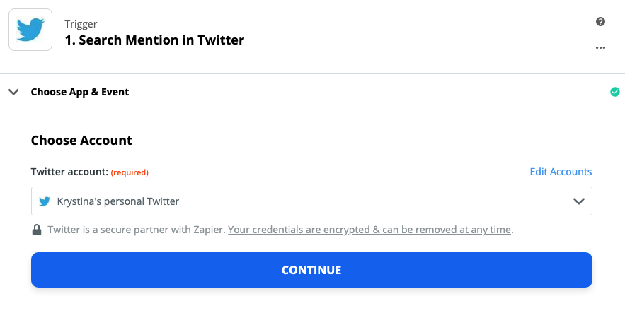 A screenshot of the trigger step in the Zap editor. A Twitter account is selected in the Choose Account dropdown menu.