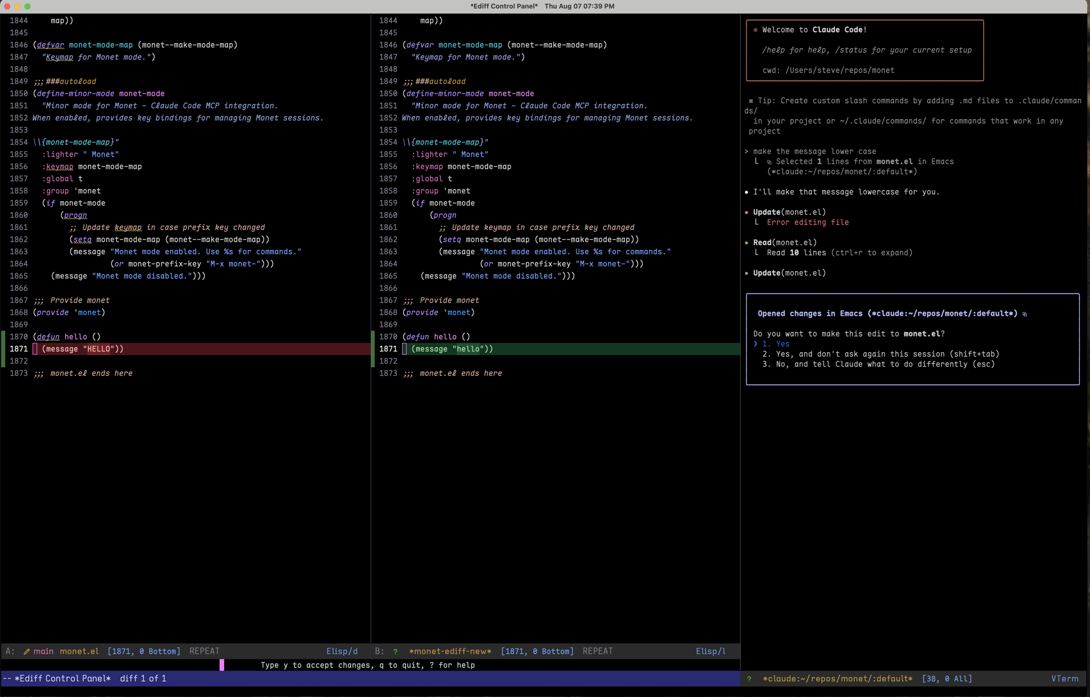Monet Ediff in claude-code.el