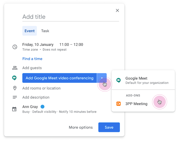 New Google Meet button in Google Calendar