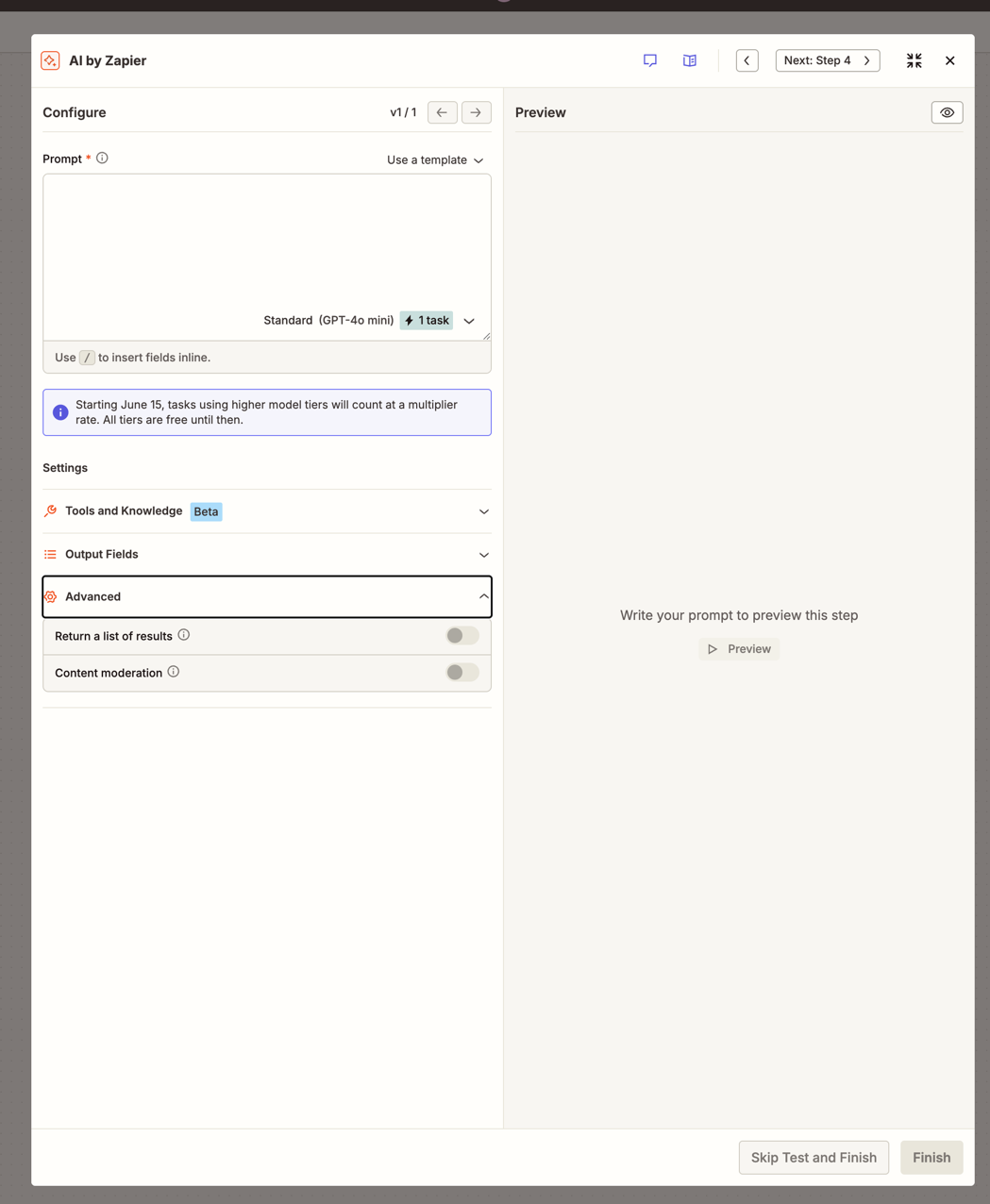 The Advanced section expanded, showing the Return a list of results and Content moderation toggles