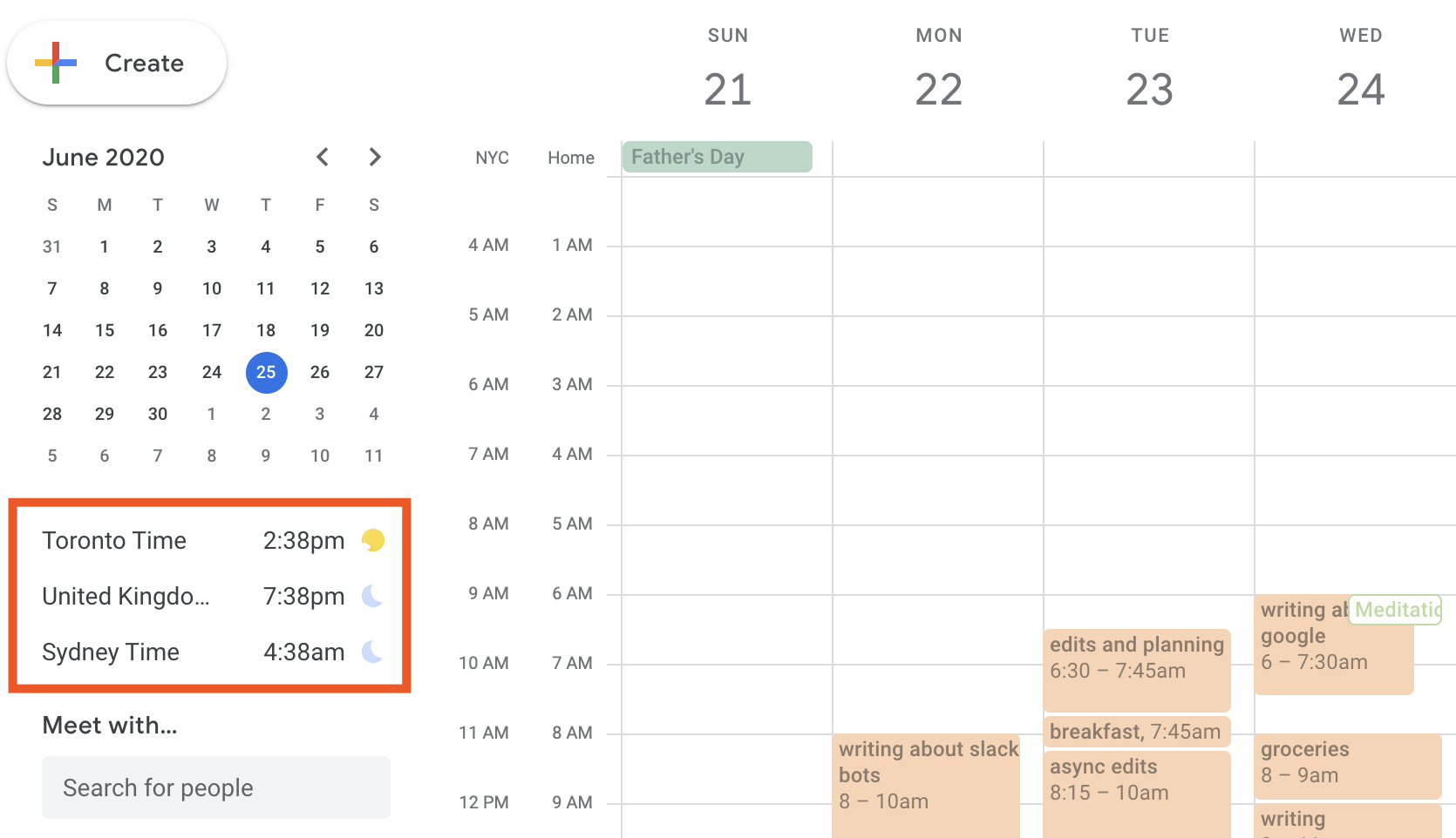 Three world clocks below the mini calendar in Google Calendar