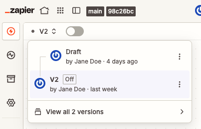The Versions sidebar listing version 2 marked live and version 1