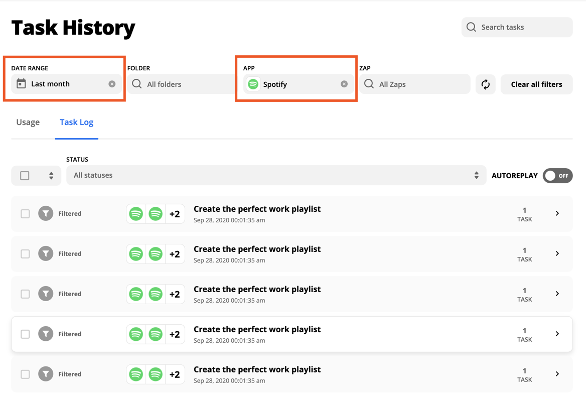 Highlighting the Date Range and App fields in the Task History page