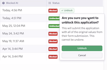 Shows the unblock confirmation message