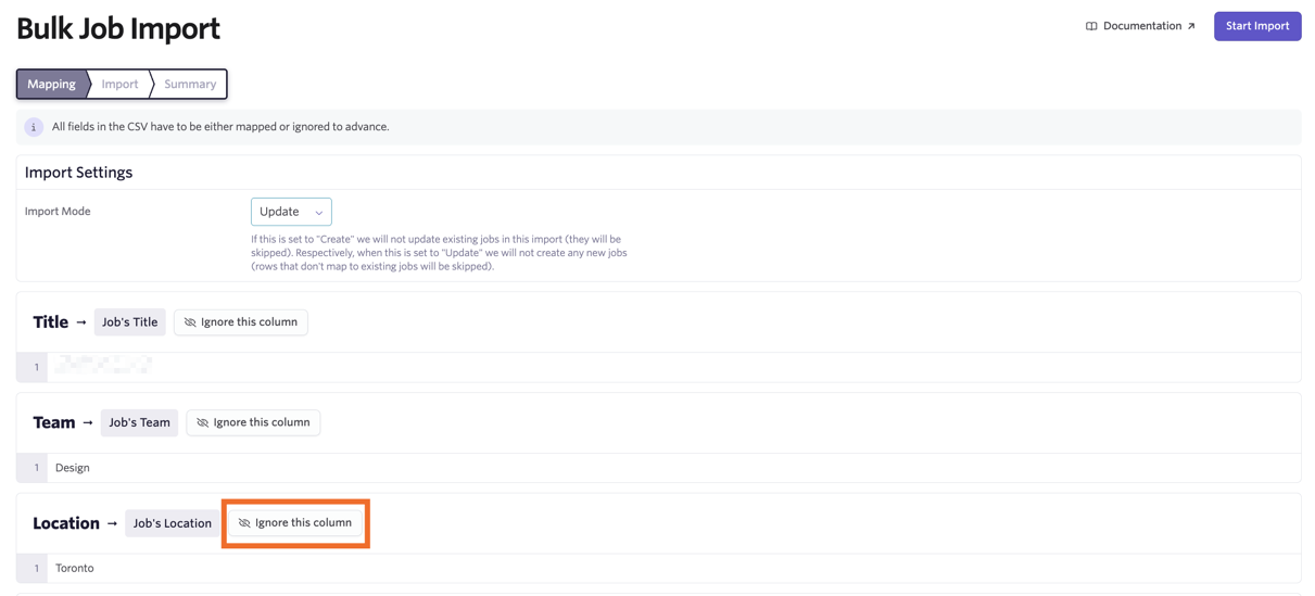Ignore columns for data you do not want to import. Ignore columns for data you do not want to import.