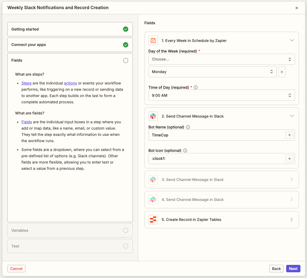 View of the guided template wizard open to the Fields (Optional) section. The left panel displays help information and an outline of the sections in the wizard. The right panel displays all steps used in the Zap. One step's accordion is expanded to reveal its fields. In the bottom right corner is a Next button.