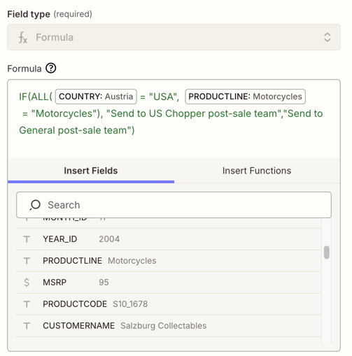 A nested formula using IF and ALL functions to route orders to different teams based on country and product