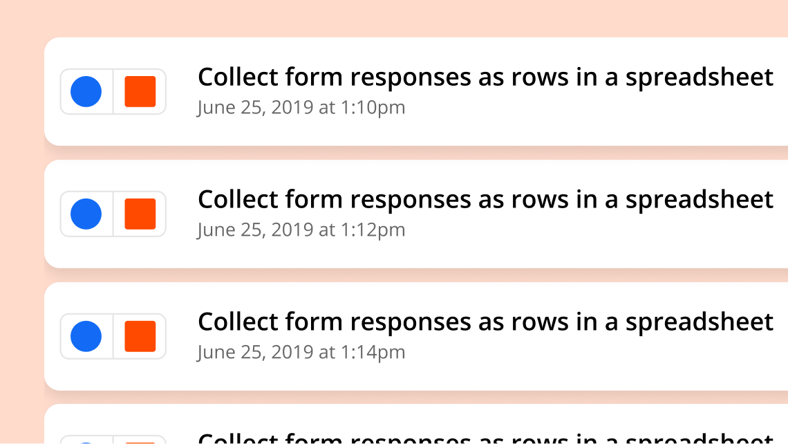 Une série de cases avec le texte des réponses au formulaire de collecte dans une feuille de calcul, suivi de divers horodatages, indiquant les actions entreprises à différents moments en votre nom dans Zapier.