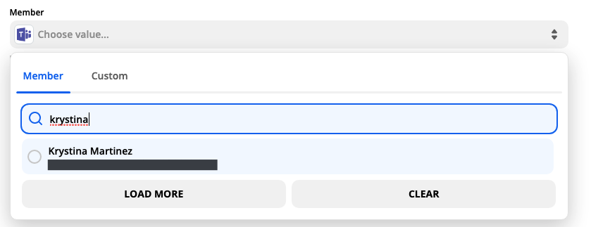 A screenshot of selecting a specific Microsoft Teams user from a dropdown menu.