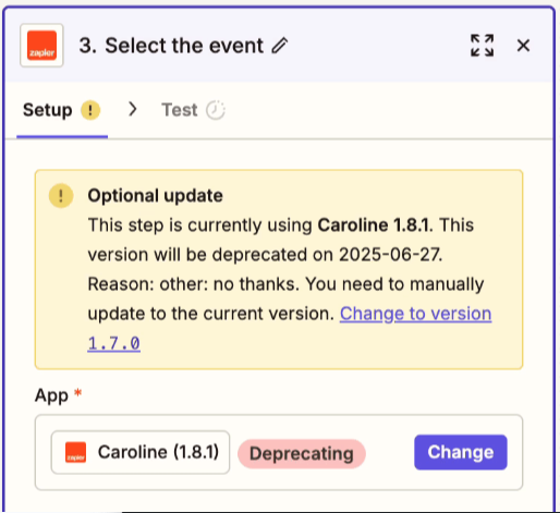 Zap step showing an app with a Deprecating tag and a notice about the upcoming deprecation date