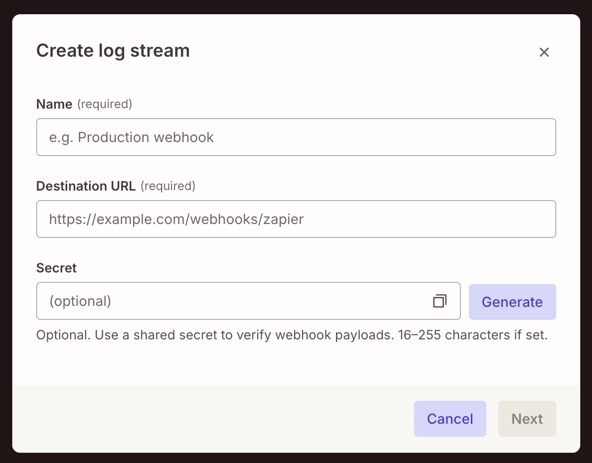 Create log stream dialog box