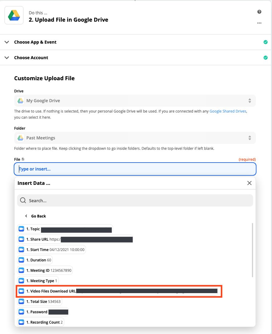 A screenshot of data options located under the File field in Google Drive.