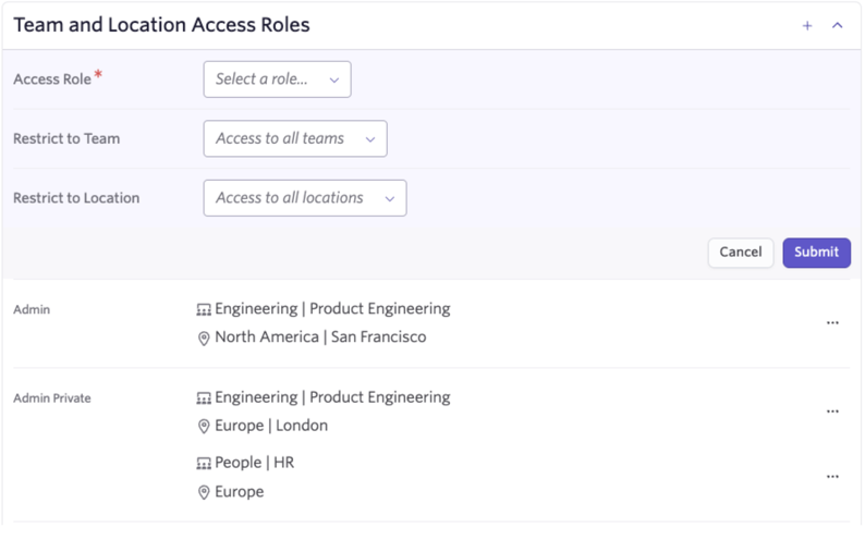 Setting team and location access roles. Setting team and location access roles.