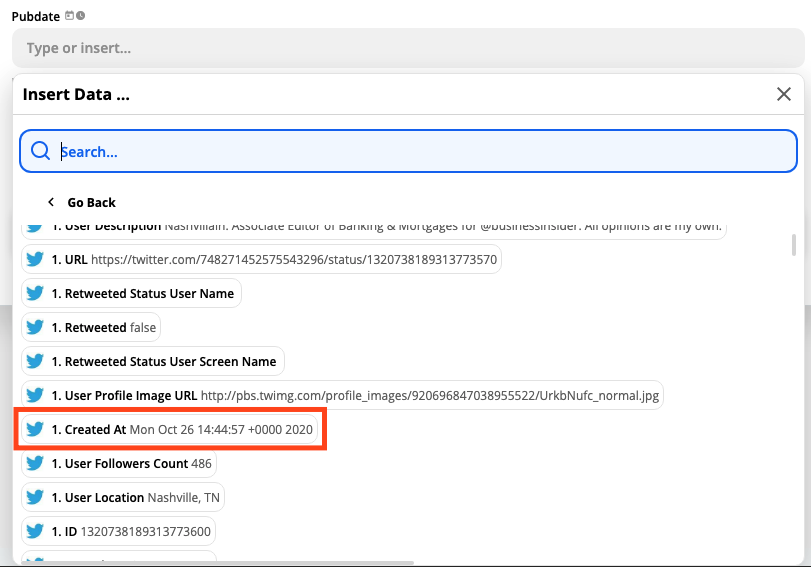 A screenshot of the Pubdate field. Under the Insert Data... dropdown menu, the Created At option is highlighted.