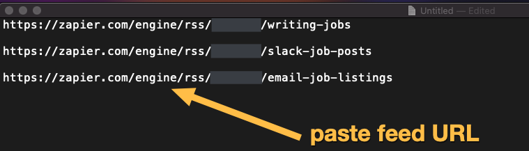 A screenshot of the TextEdit program with several links pasted. An arrow points to a URL directing users to paste the RSS feed URL that was previously copied to the clipboard.