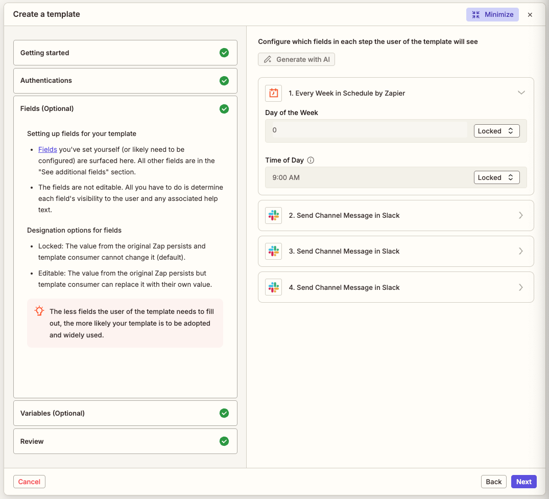 View of the guided template wizard open to the Fields section. The left panel displays help information and an outline of the sections in the wizard. The right panel displays all steps used in the Zap with help text entered. One step's accordion is expanded to reveal fields and their dropdown menu with Locked selected. In the top right corner is a Generate with AI button. In the bottom right corner is a Next button.