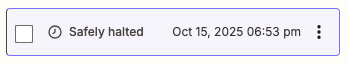 Zap run in the Zap editor displaying a safely halted status.