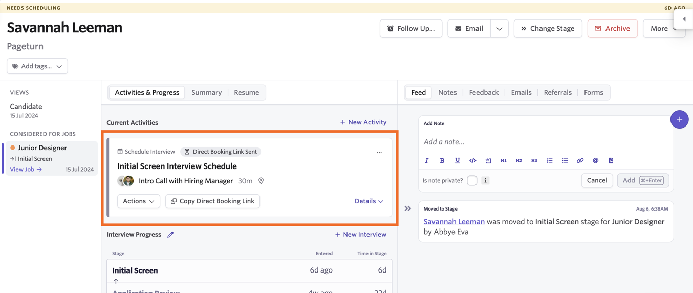 Schedule Interview activity on a candidate profile