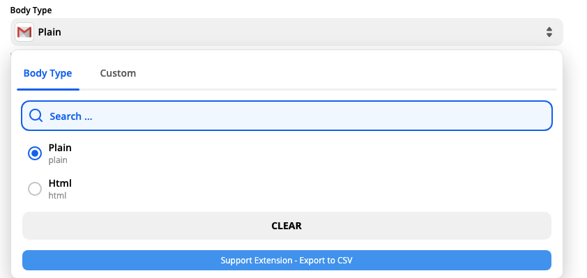 A screenshot of the email body type options in the Zap Editor.