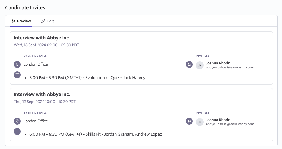 Candidate invite showing interviews spanning multiple days, with a separate calendar invite for each event Candidate invite showing interviews spanning multiple days, with a separate calendar invite for each event