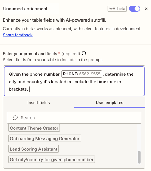 The enrichment sidebar in Zapier Tables showing a prompt field, field insertion options, and fields selected for AI enrichment