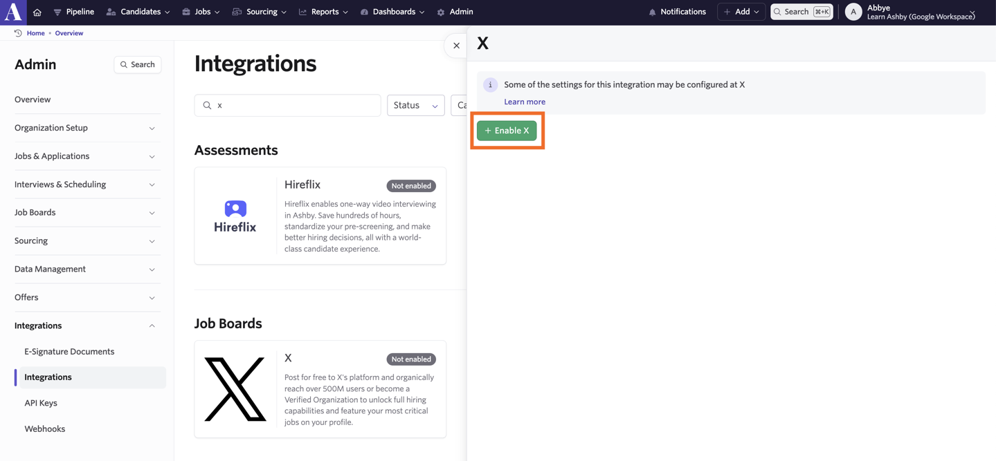 Enabling the X integration in Integrations