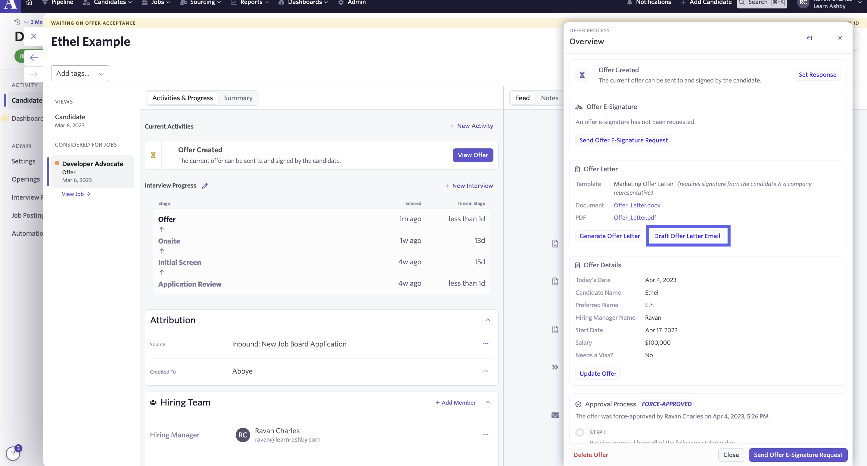 After generating an offer letter, you can draft an email and select an existing offer template that includes any standard language and attachments.