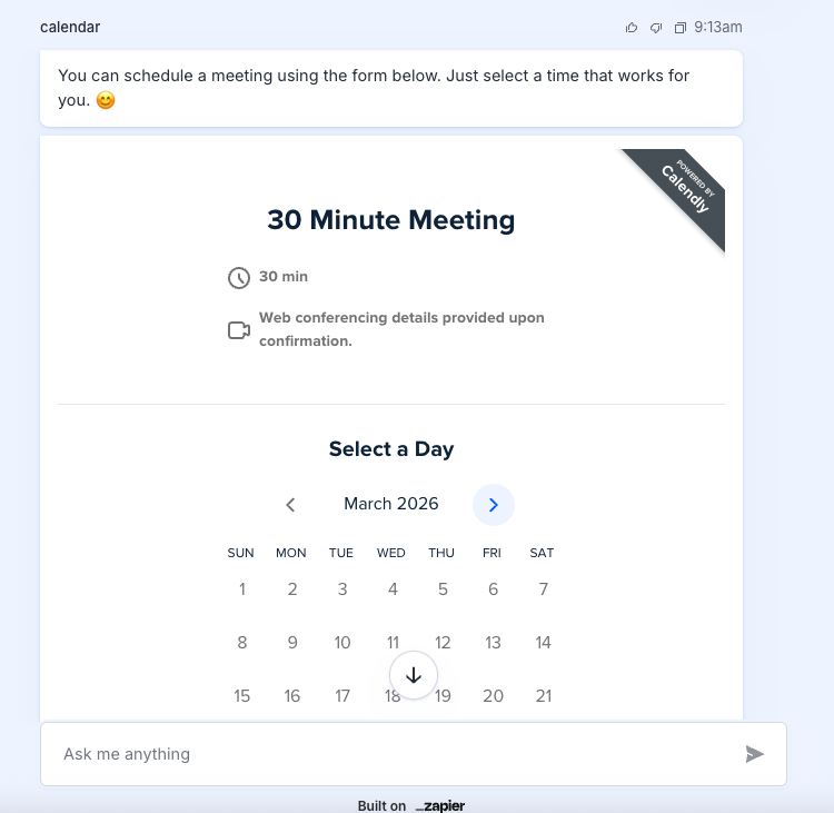 An inline Calendly calendar embedded in a chatbot conversation window