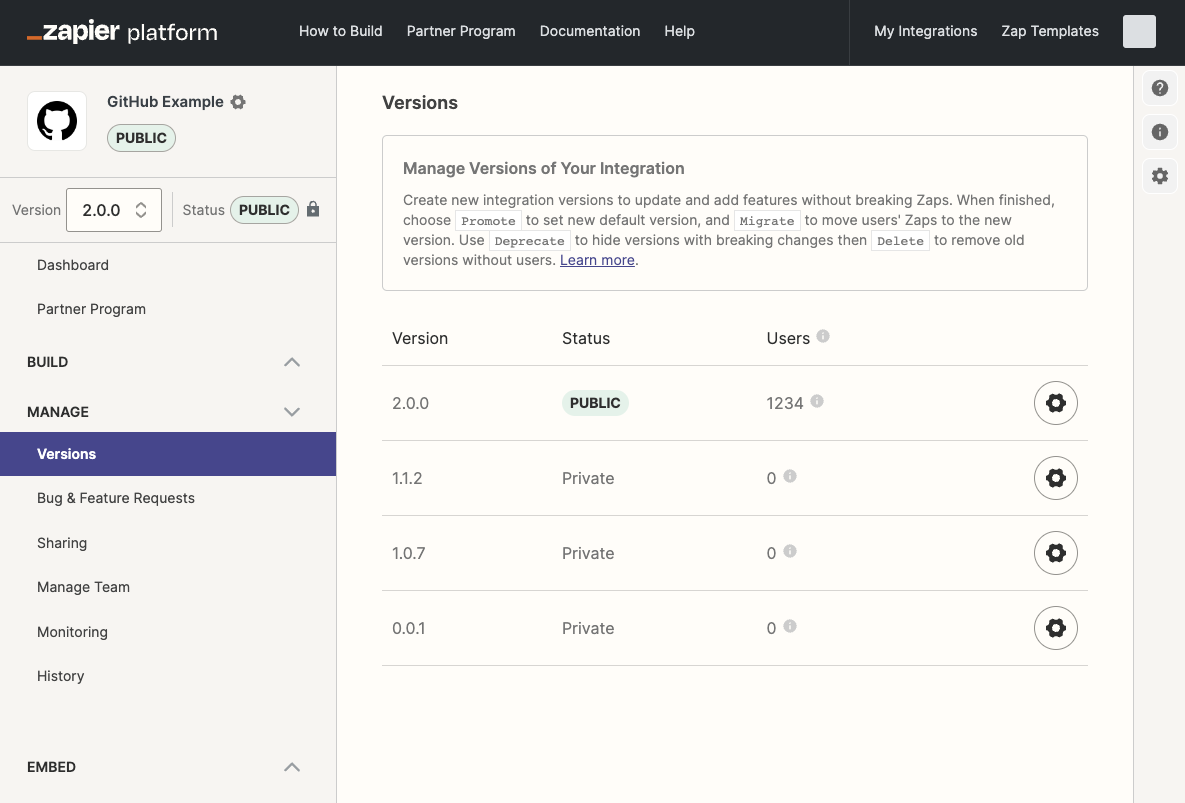 The Versions page in the Zapier Developer Platform