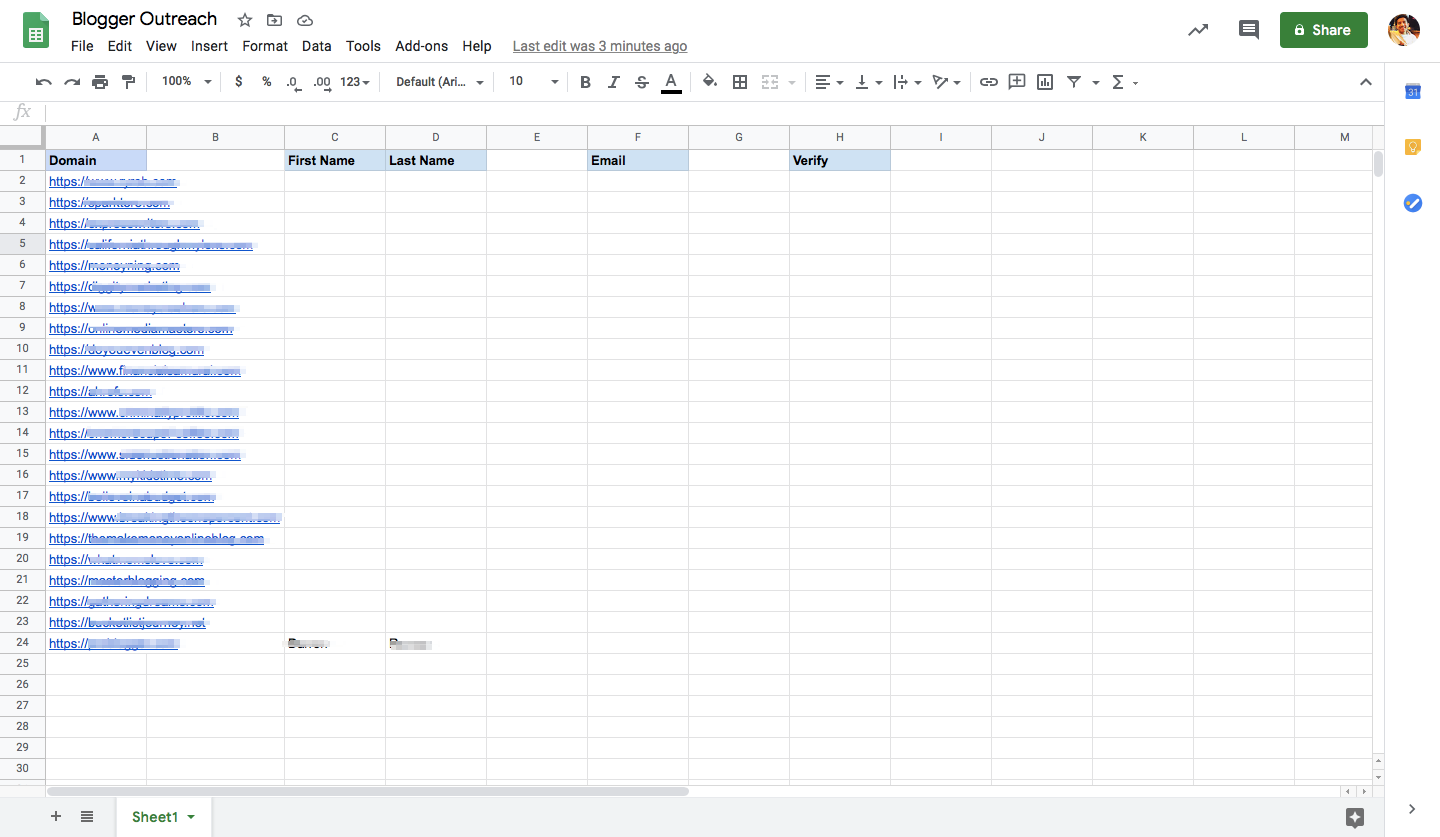 A spreadsheet with columns for domain, first name, last name, email, and verify.