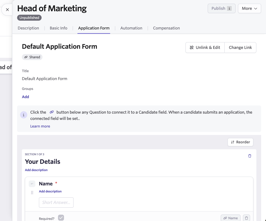 Shows the application form tab of a job.