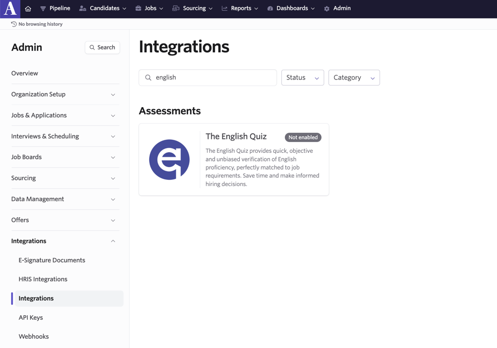 Screenshot of the Ashby integrations marketplace, showing The English Quiz tile. Screenshot of the Ashby integrations marketplace, showing The English Quiz tile.