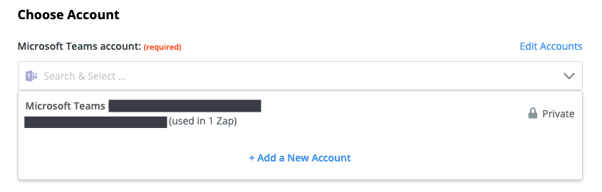 A screenshot of selecting the Microsoft Teams account in the Zap Editor.