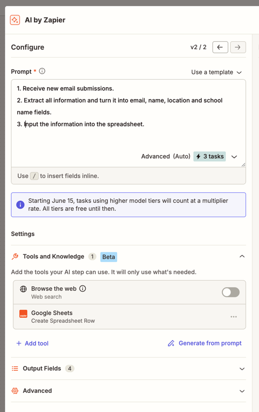 AI by Zapier configure panel showing the Tools and Knowledge section expanded with a Google Sheets tool added and Browse the web toggle