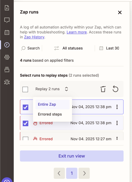 Manually replay errors in Zap editor