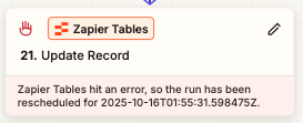 Step run in the Zap editor outline displaying a scheduled status.