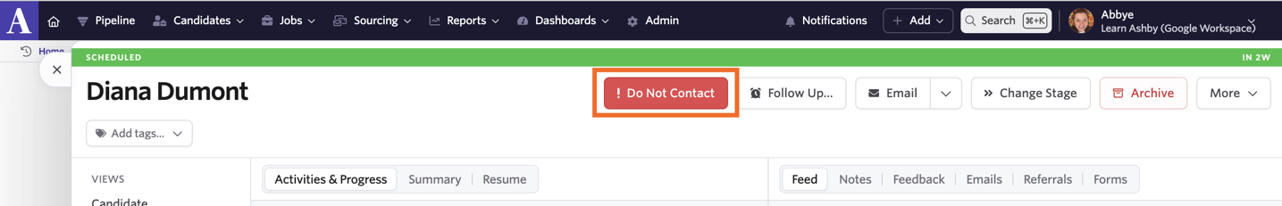 Screenshot of a candidate profile with a red Do Not Contact notification displayed at the top of the page