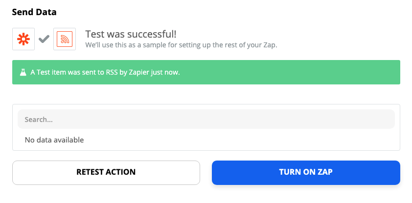 A screenshot of the Zap editor with a success message.