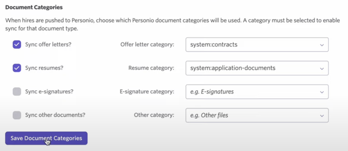 Screenshot of sync checkboxes for offer letters, resumes, e-signatures, and other documents in the Personio integration settings Screenshot of sync checkboxes for offer letters, resumes, e-signatures, and other documents in the Personio integration settings