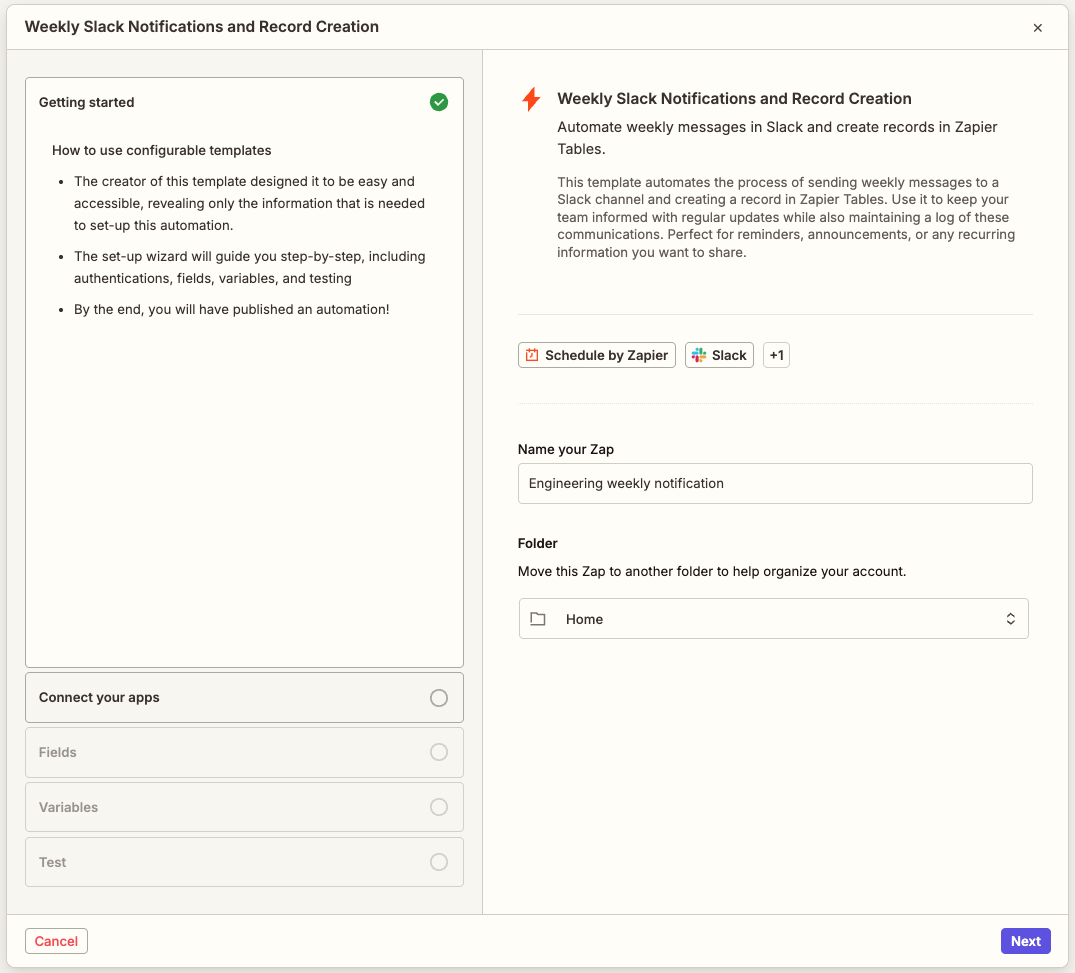 View of the guided template wizard open to the Getting started section. The left panel displays help information and an outline of the sections in the wizard. The right panel displays fields that must be filled out: Name your Zap and Folder. In the bottom right corner is a Next button.